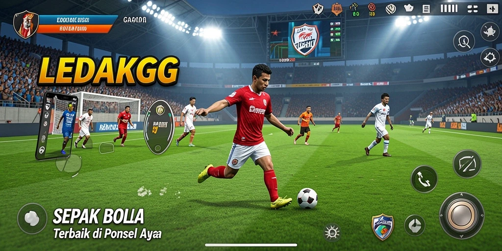 Screenshot gameplay LEDAKGG yang menampilkan aksi sepak bola mendebarkan.