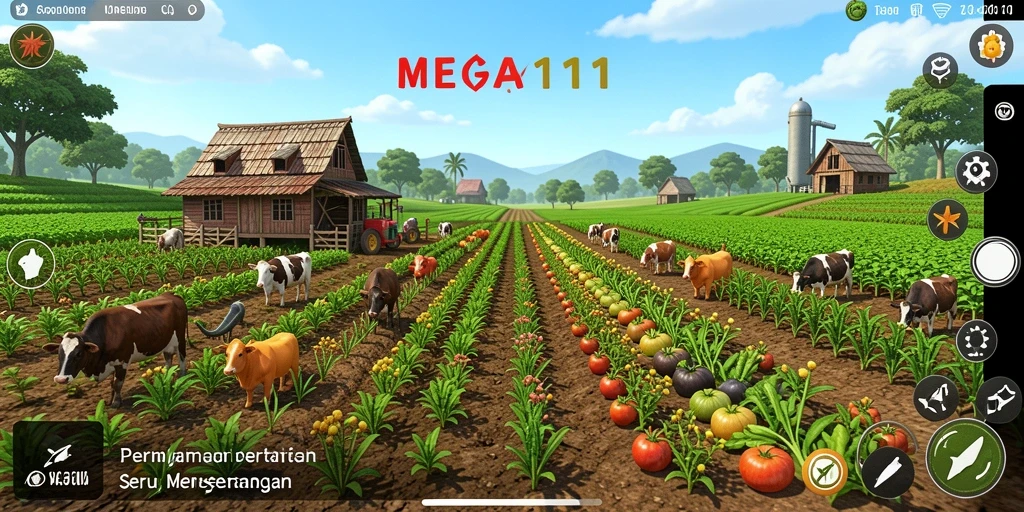 Tangkapan layar gameplay MEGA111 yang menunjukkan aktivitas bertani.